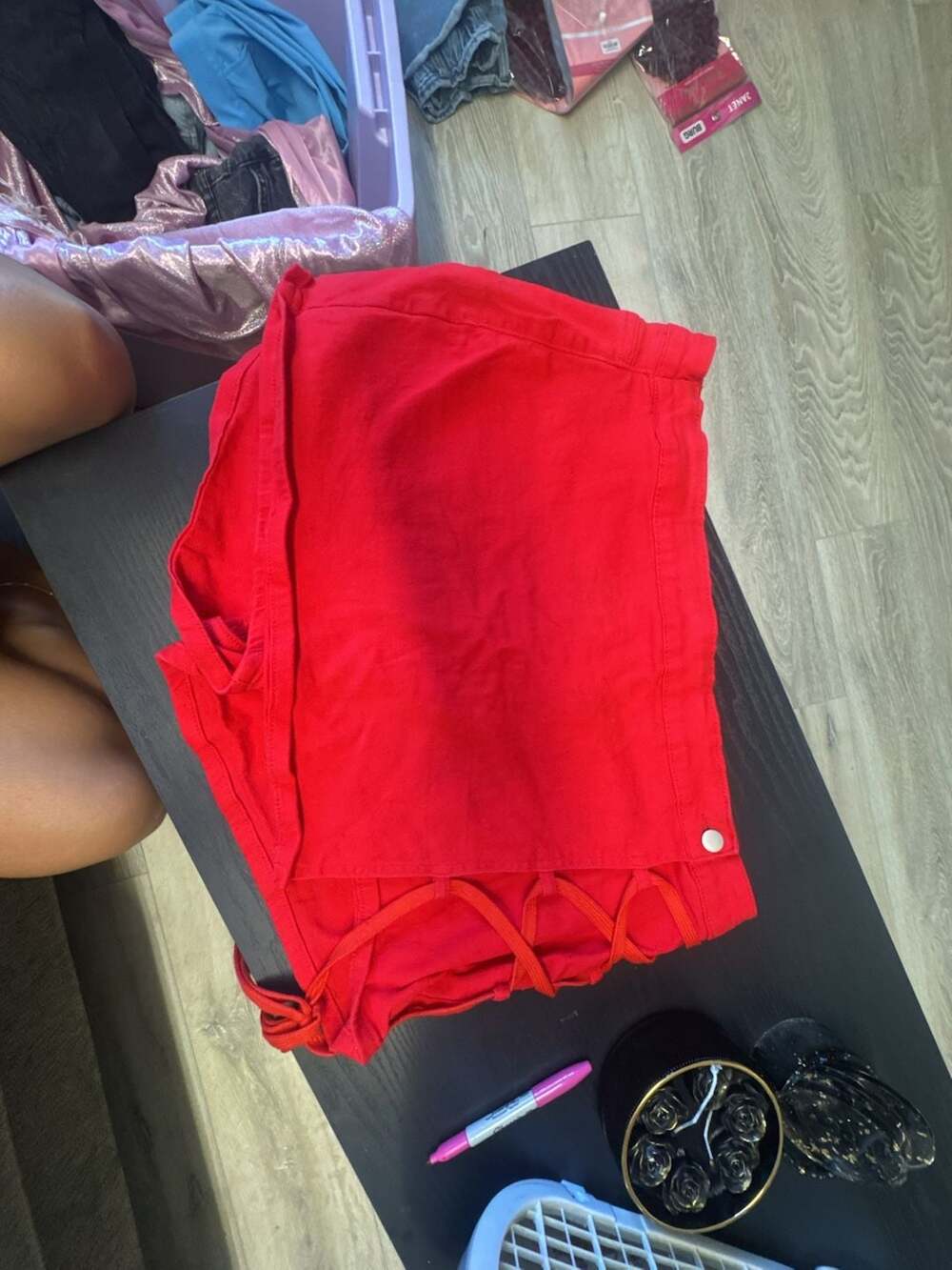 SHEIN Red Denim Shorts with Side Lace Up Details